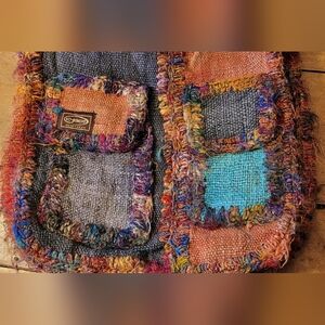 Kavu Patchwork Fringe Crossbody Bag in Teal, Orange & Gray